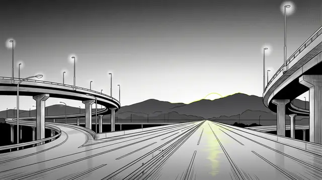 Empty highway interchange at dawn below the mountains