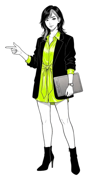 A woman pointing to the list beside her