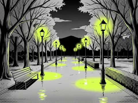 Park path with lamp posts on a wet night