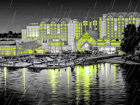 River Rock resort lights over its marina at night