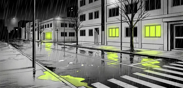 Rainy city street at night with a pedestrian crossing