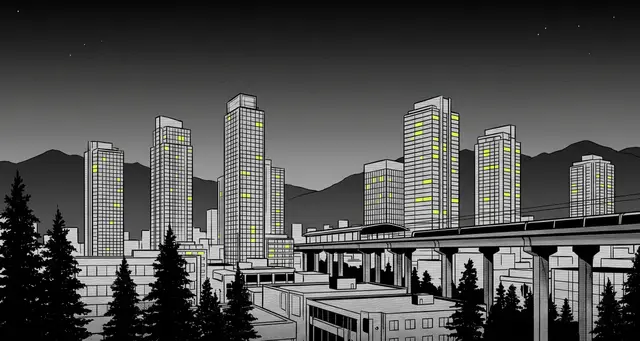 Night skyline with towers and an elevated rail line